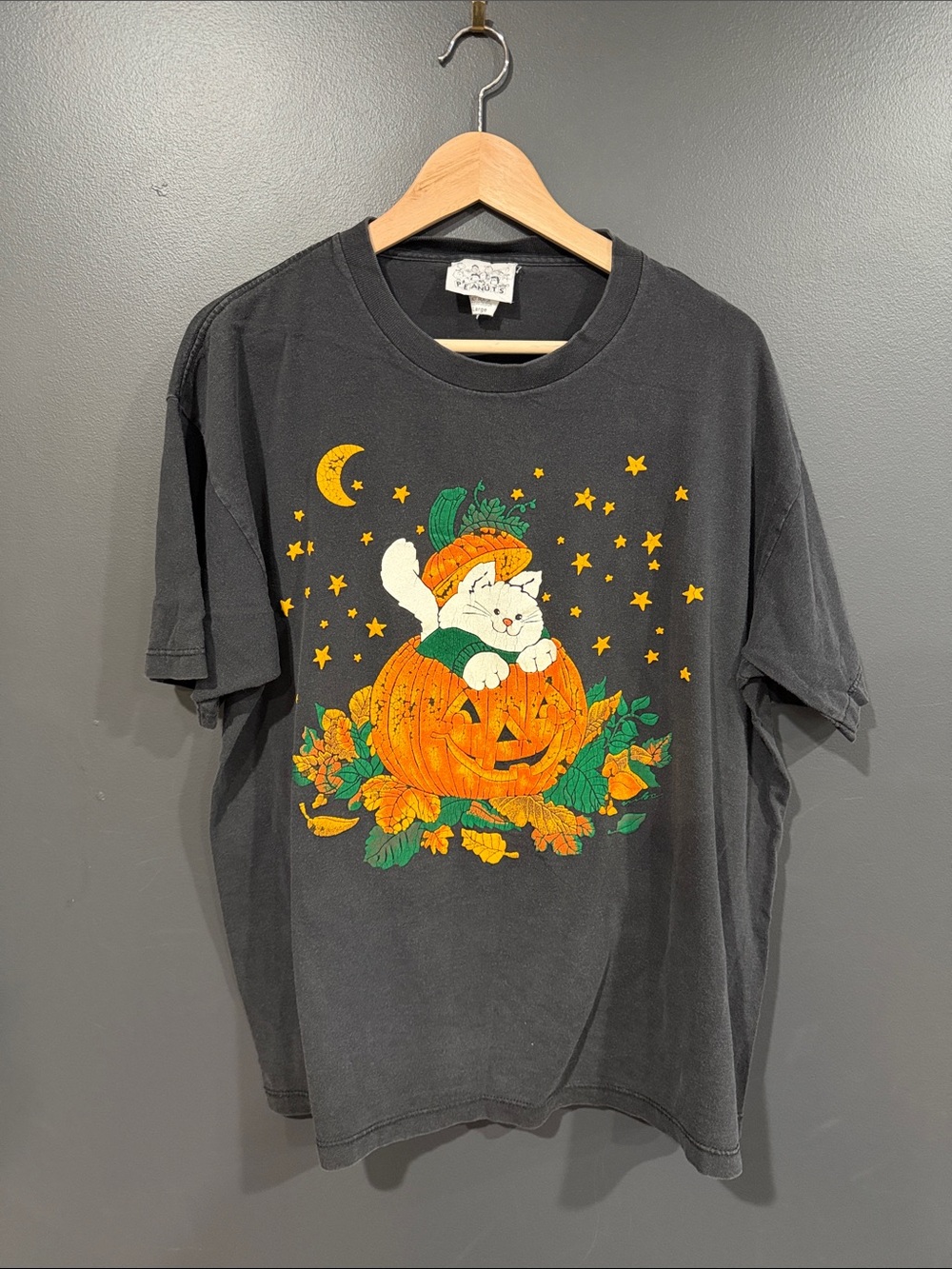 Peanuts Black Tee with Orange Pumpkin and White Cat Graphic